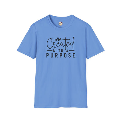 Blue t-shirt with 'Created with a Purpose' text on a white background