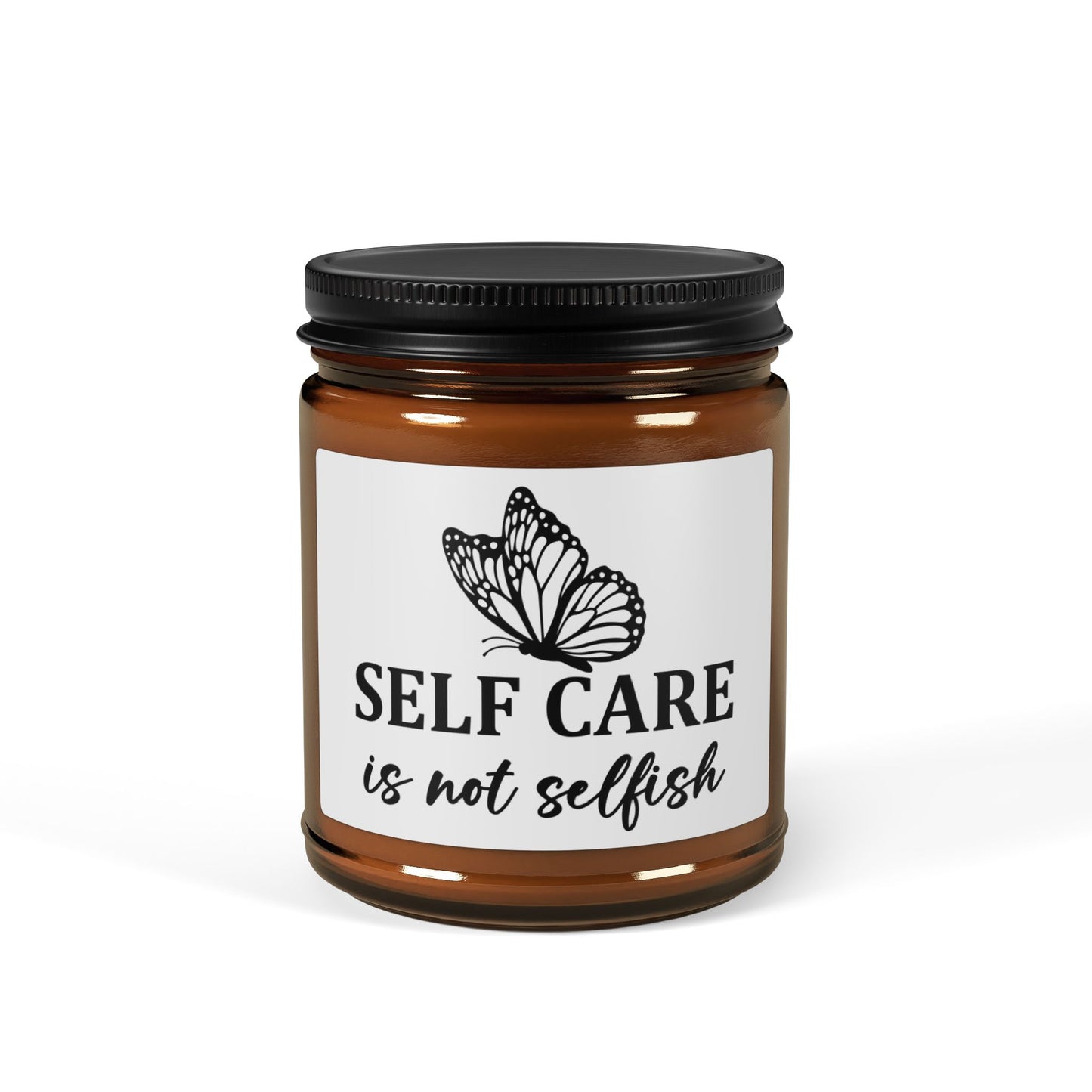 Candle jar with a butterfly graphic and text on a white background