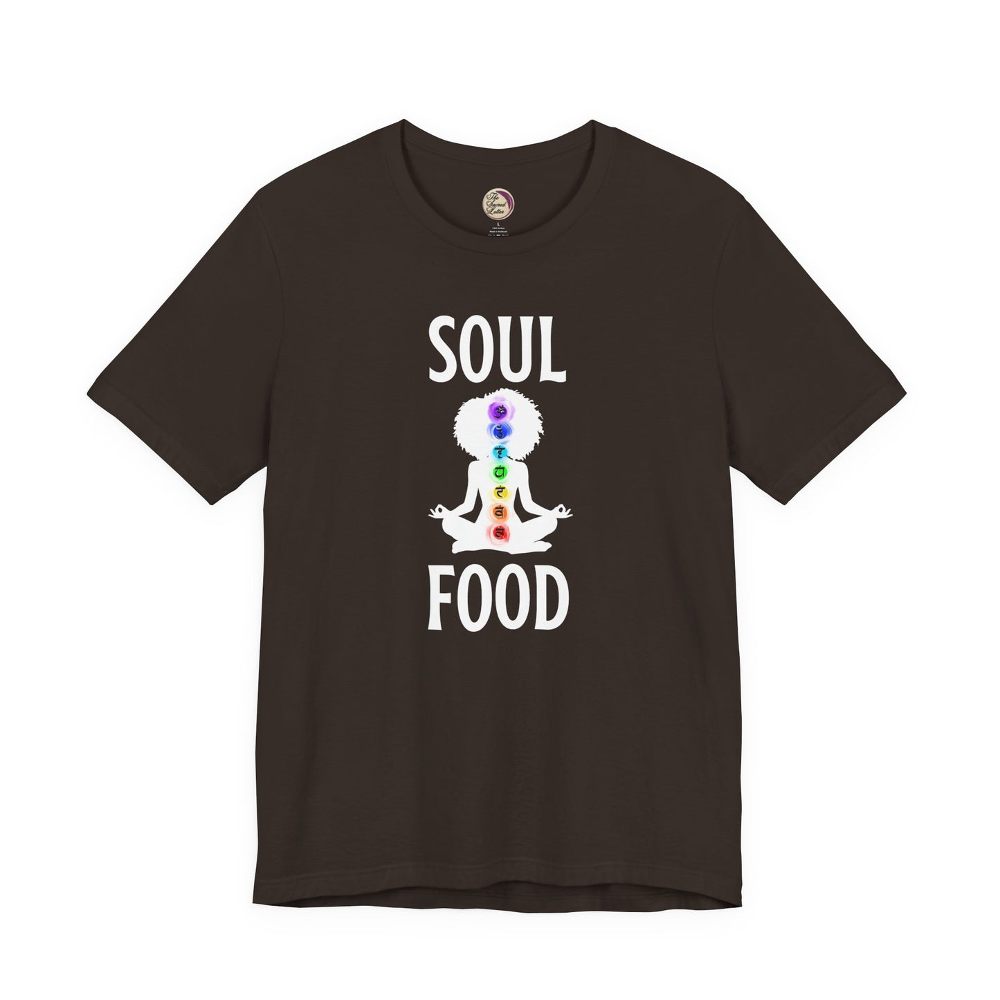 Brown t-shirt with 'Soul Food' graphic design on a white background