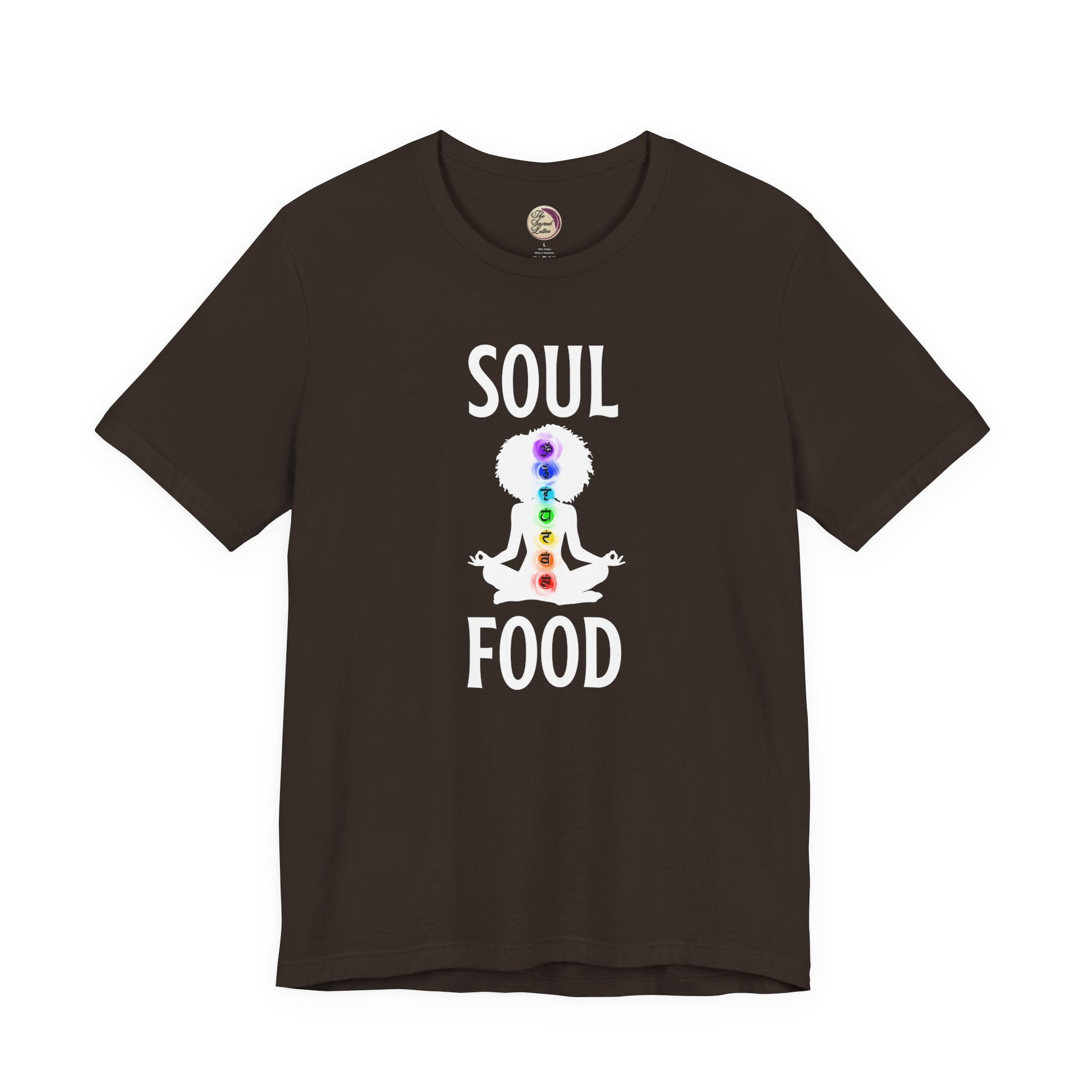 Brown t-shirt with 'Soul Food' graphic design on a white background