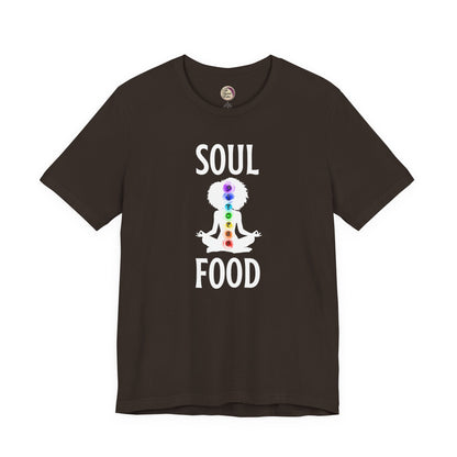 Brown t-shirt with 'Soul Food' graphic design on a white background
