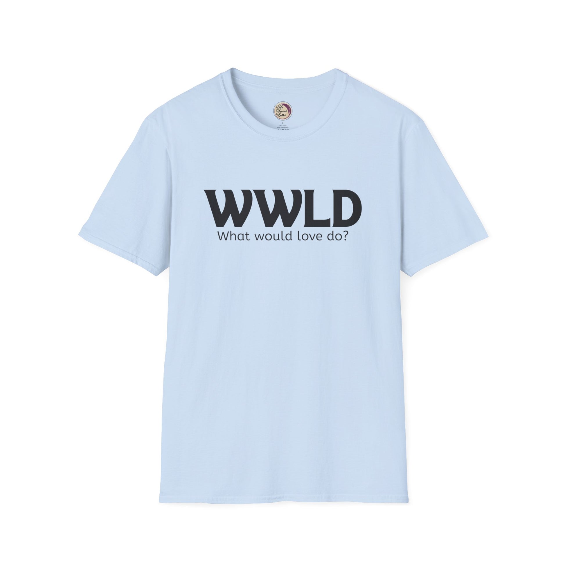 Light blue t-shirt with 'WWLD What would love do?' text on a white background