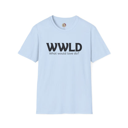 Light blue t-shirt with 'WWLD What would love do?' text on a white background