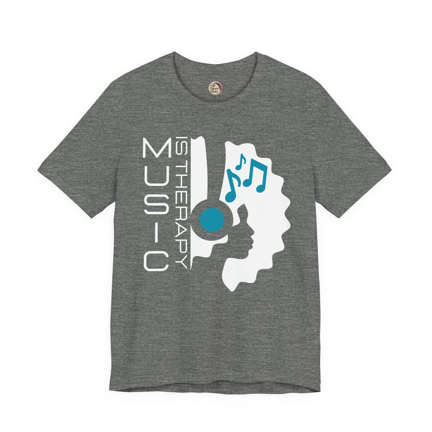 Gray t-shirt with music-themed design on a white background