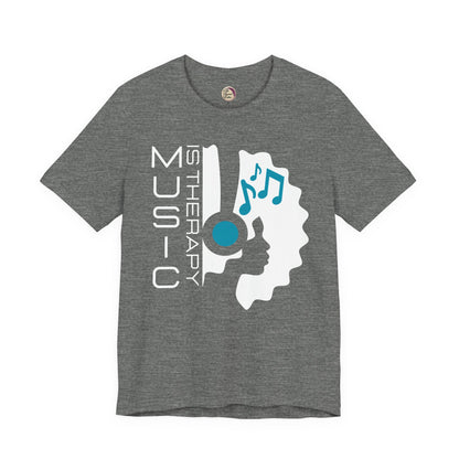 Gray t-shirt with music-themed design on a white background