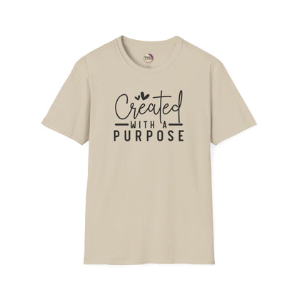 Beige t-shirt with 'Created with a Purpose' text on a white background