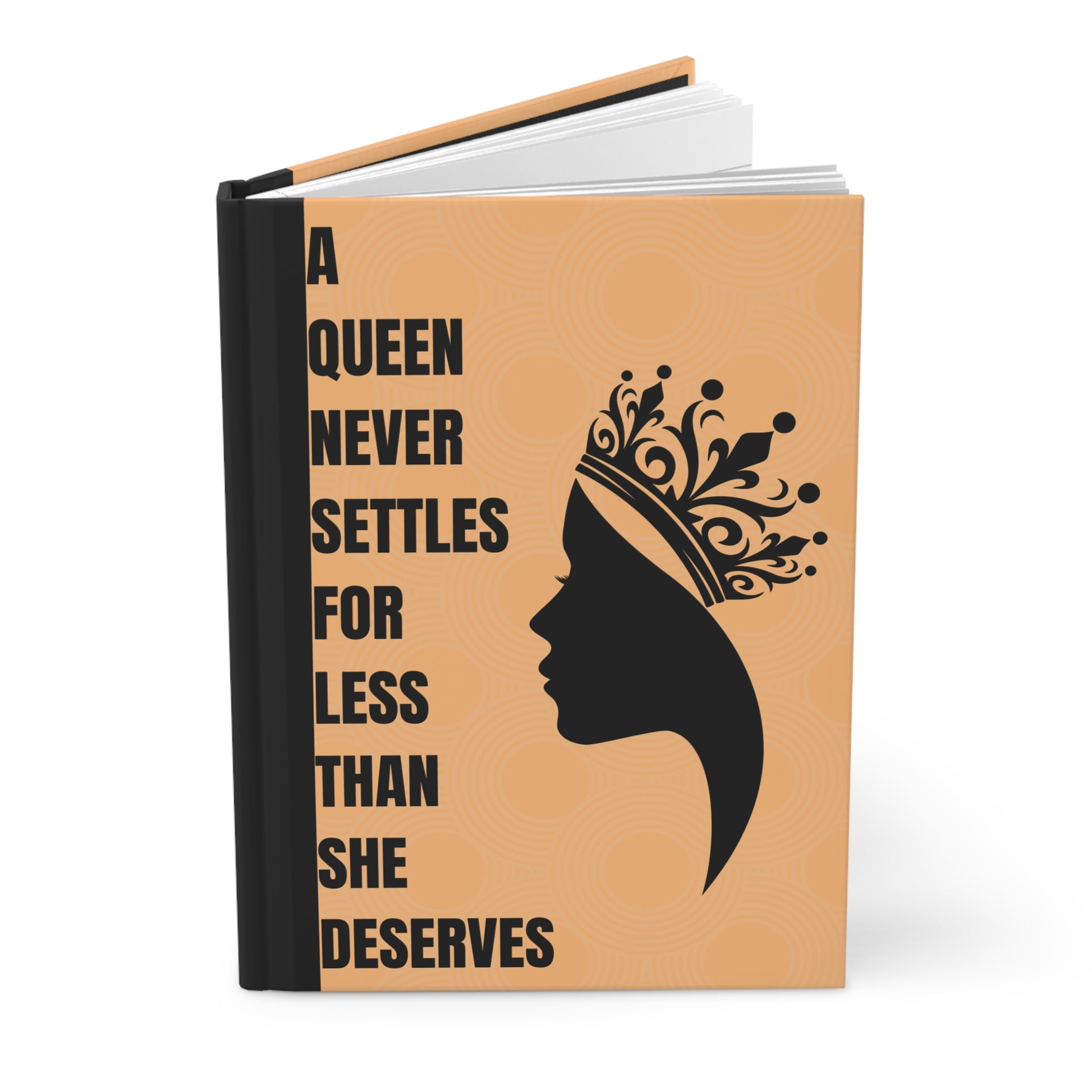 Notebook with a design of a woman's silhouette wearing a crown and text on a beige background