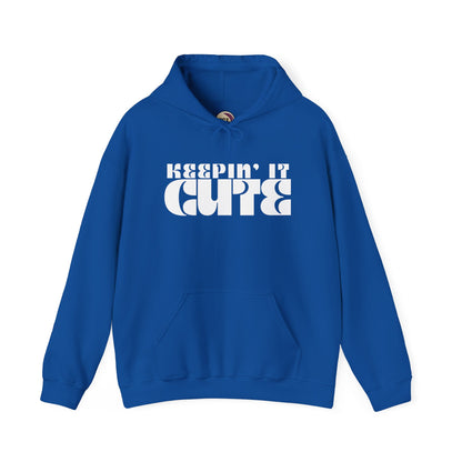 Blue hoodie with 'KEEPIN' IT CUTE' text on a white background