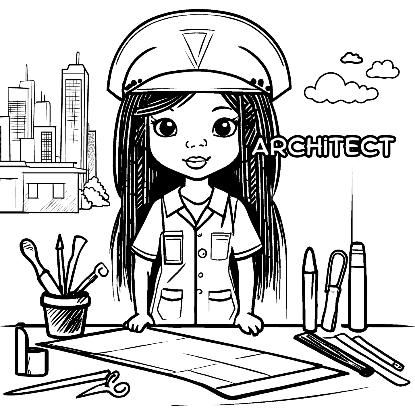 Illustration of an architect character with architectural tools and cityscape in the background