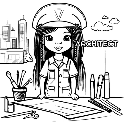 Illustration of an architect character with architectural tools and cityscape in the background