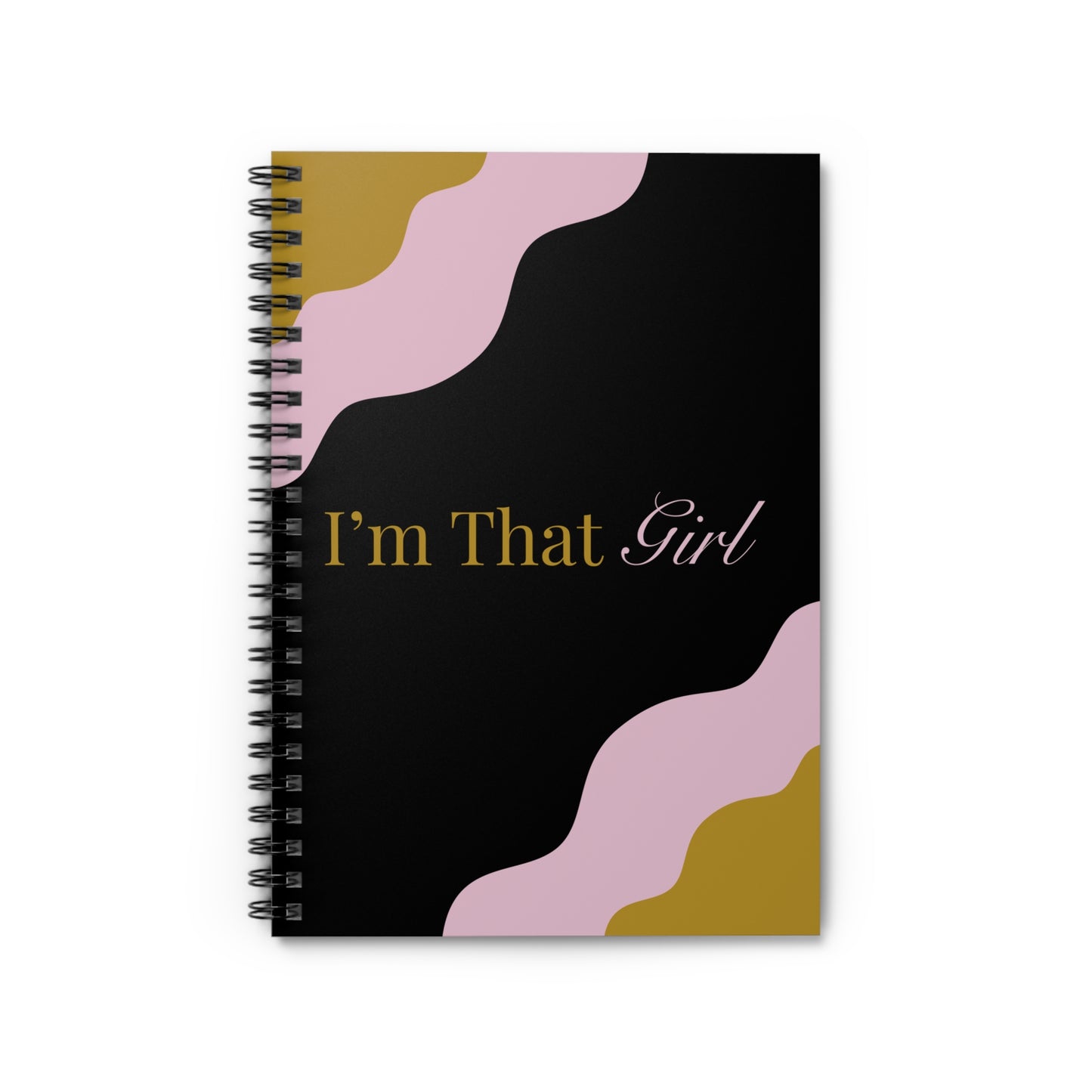 Notebook with abstract design and text on a white background