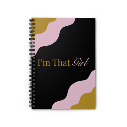 Notebook with abstract design and text on a white background