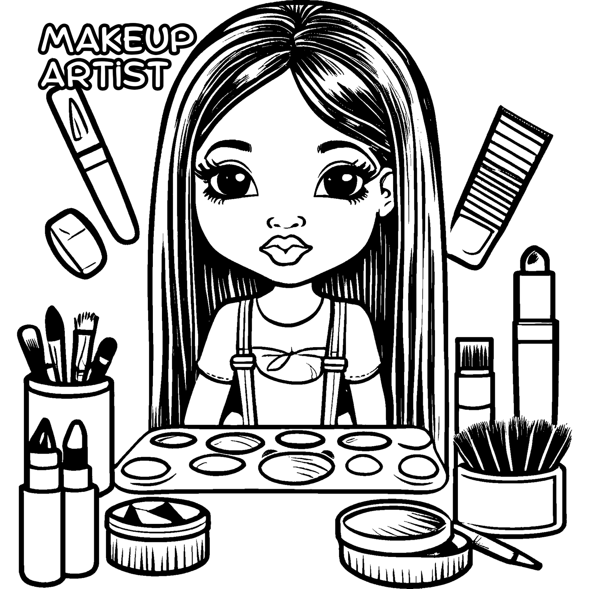 Black and white illustration of a makeup artist with tools and a palette.