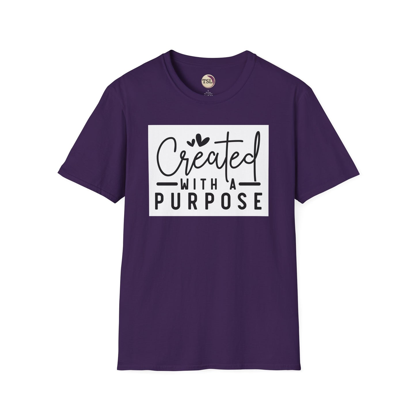 Purple t-shirt with 'Created with a Purpose' text on a white background