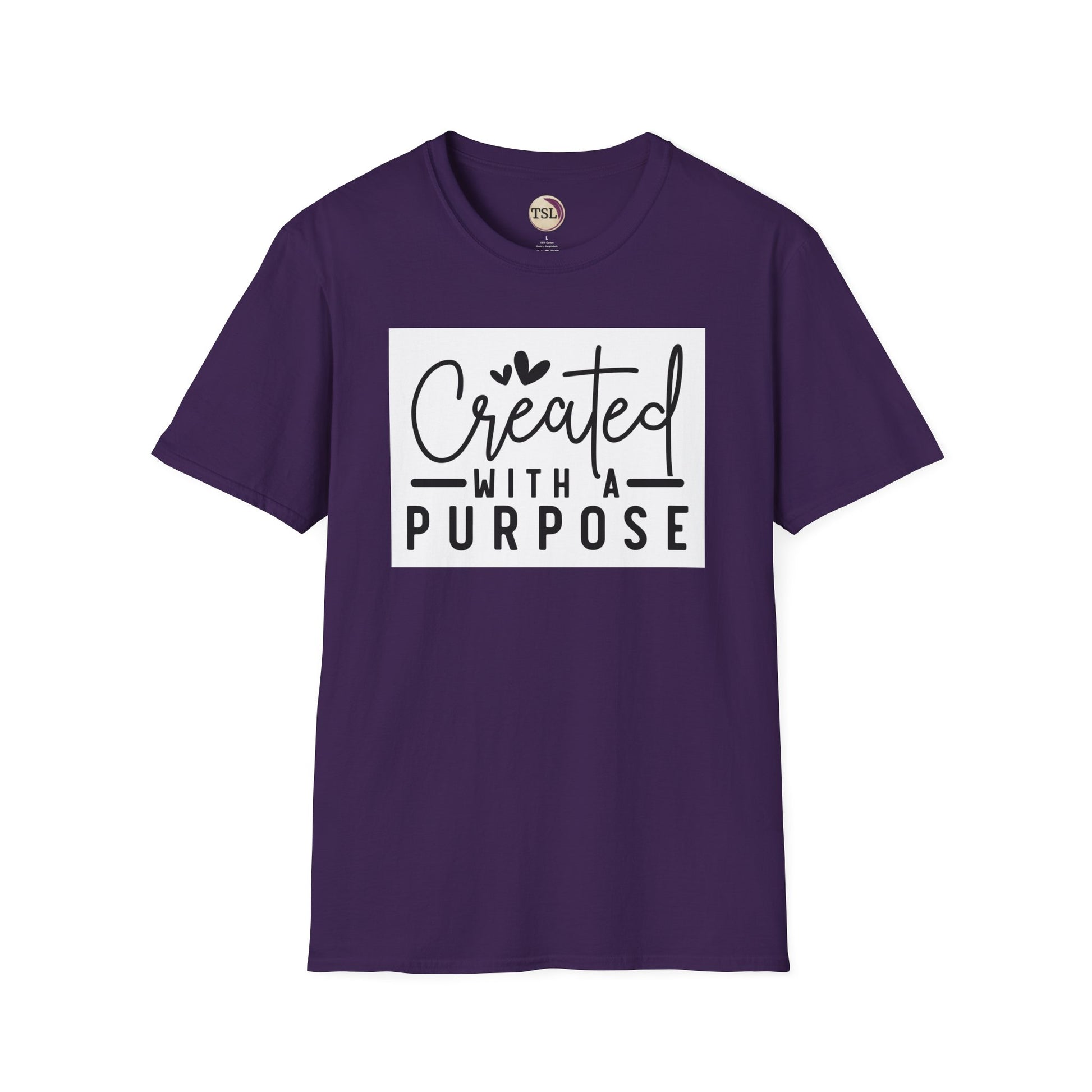 Purple t-shirt with 'Created with a Purpose' text on a white background