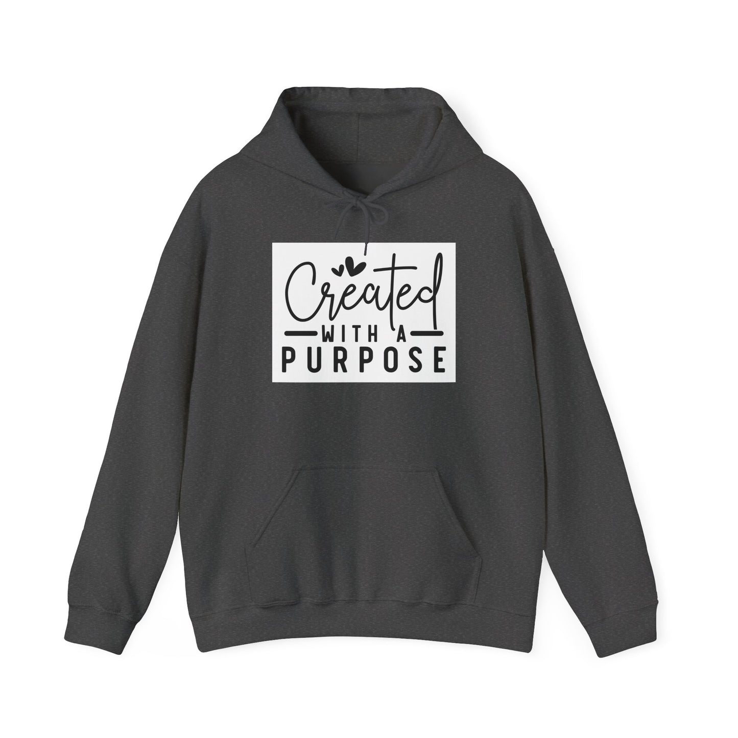 Dark gray hoodie with 'Created with a Purpose' text on a white background