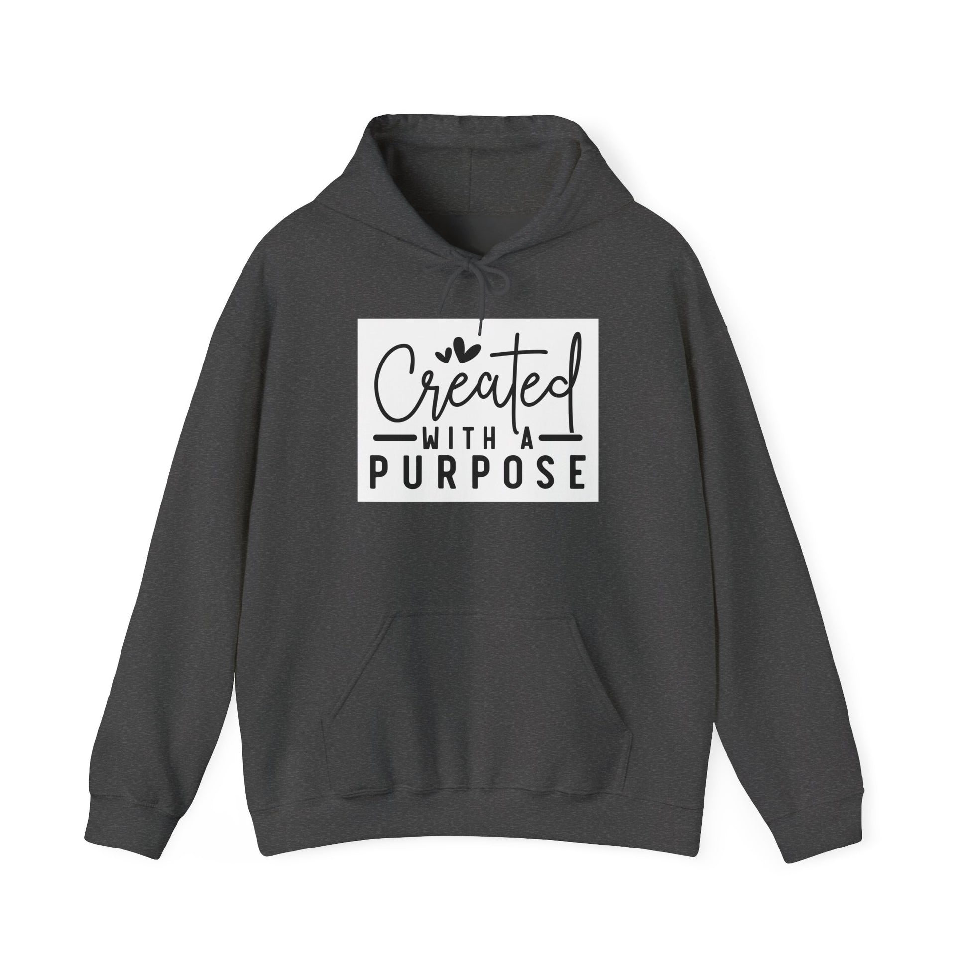 Dark gray hoodie with 'Created with a Purpose' text on a white background