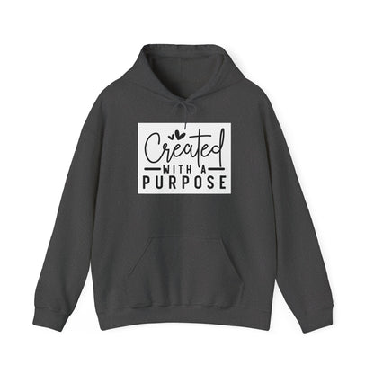 Dark gray hoodie with 'Created with a Purpose' text on a white background