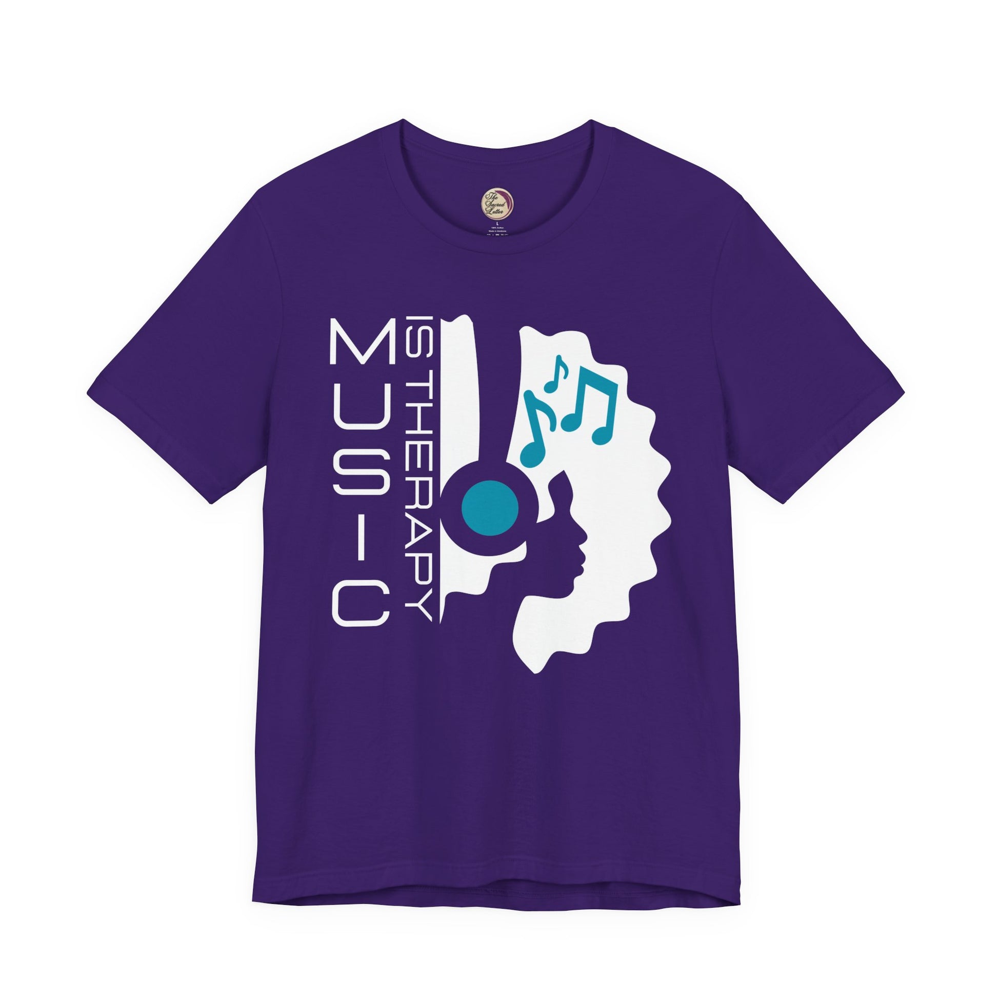 Purple t-shirt with music-themed design and text on a white background