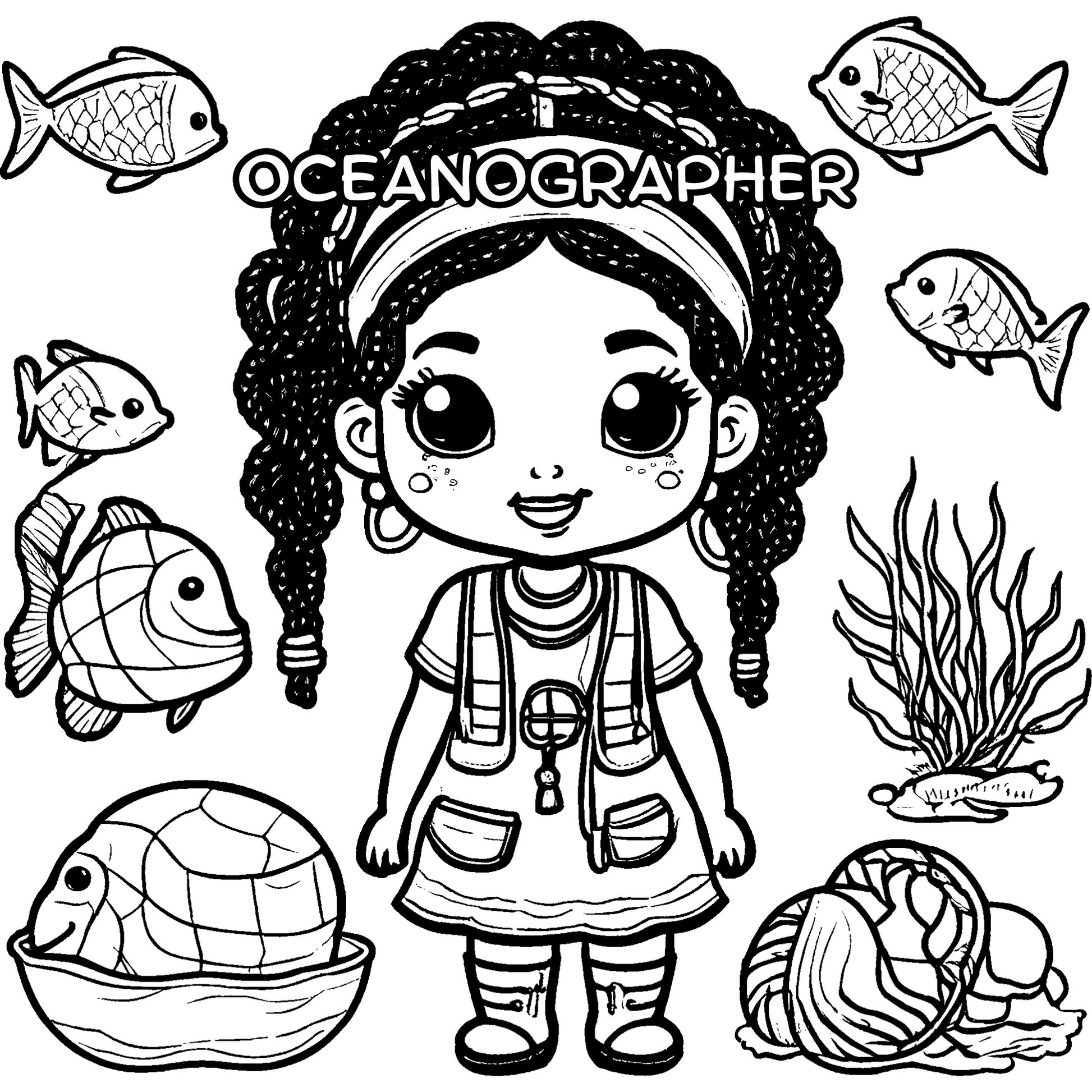 Illustration of a girl with 'Oceanoographer' headband surrounded by ocean-themed elements.