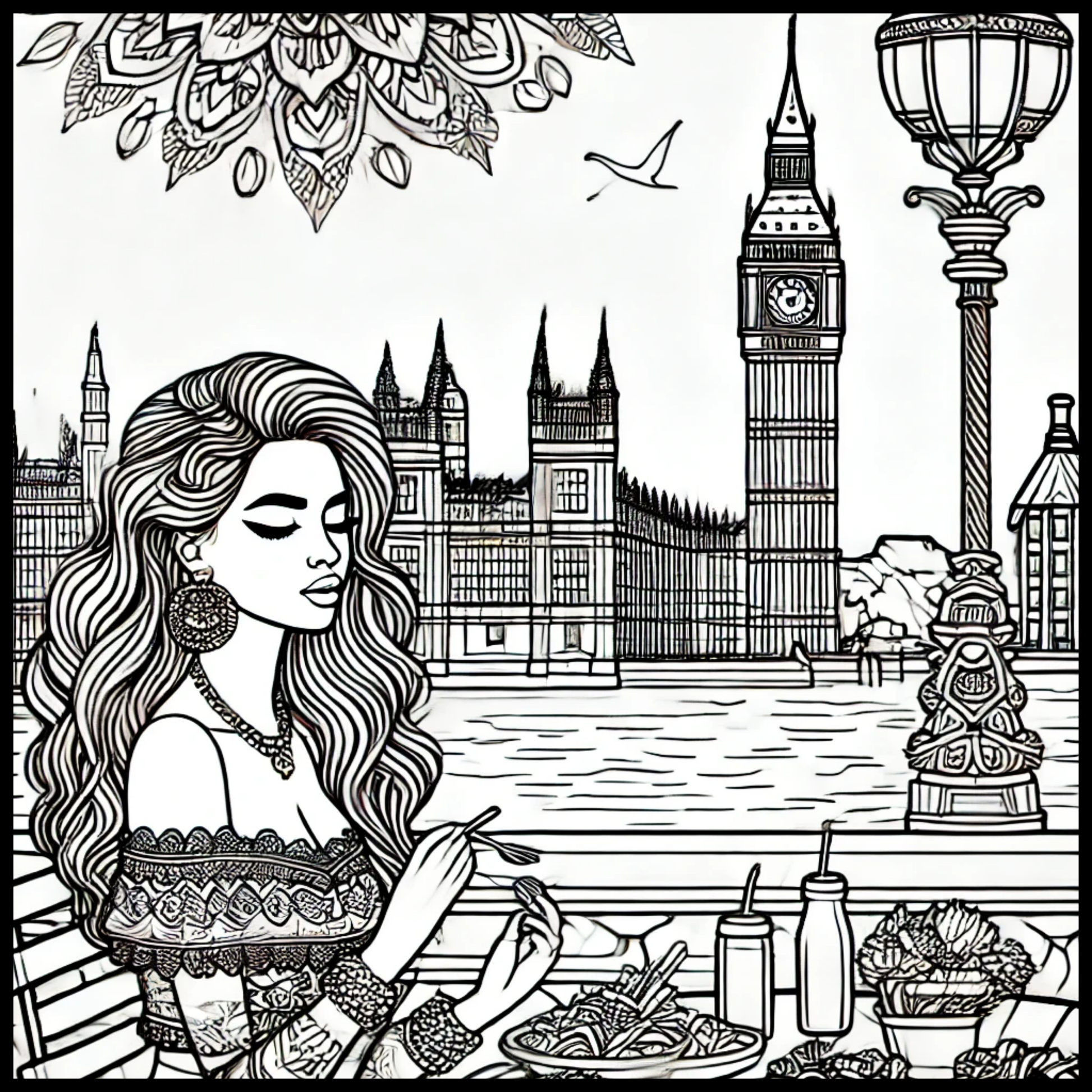 Woman enjoying a meal with London skyline in the background