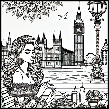 Woman enjoying a meal with London skyline in the background