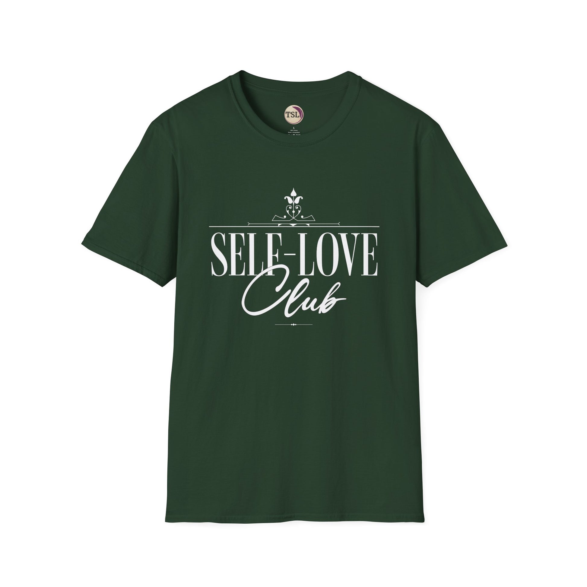 Green t-shirt with 'SELF-LOVE Club' text on a white background