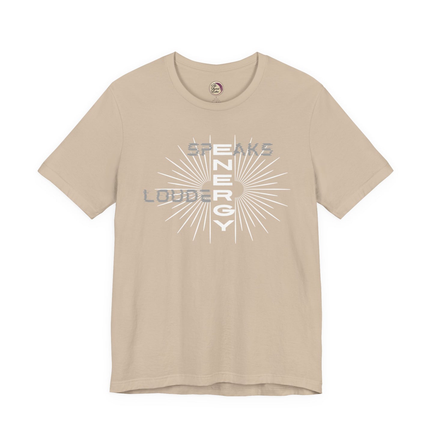 Beige t-shirt with graphic design and text on a white background