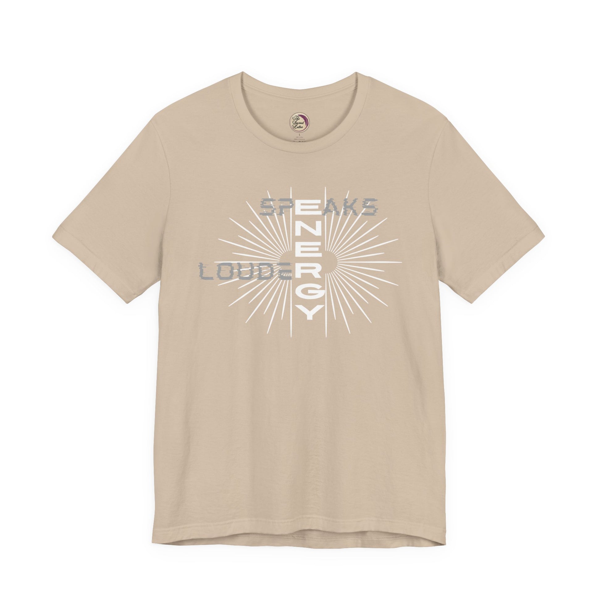 Beige t-shirt with graphic design and text on a white background
