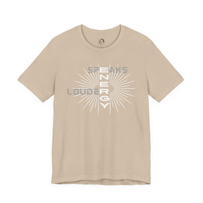 Beige t-shirt with graphic design and text on a white background