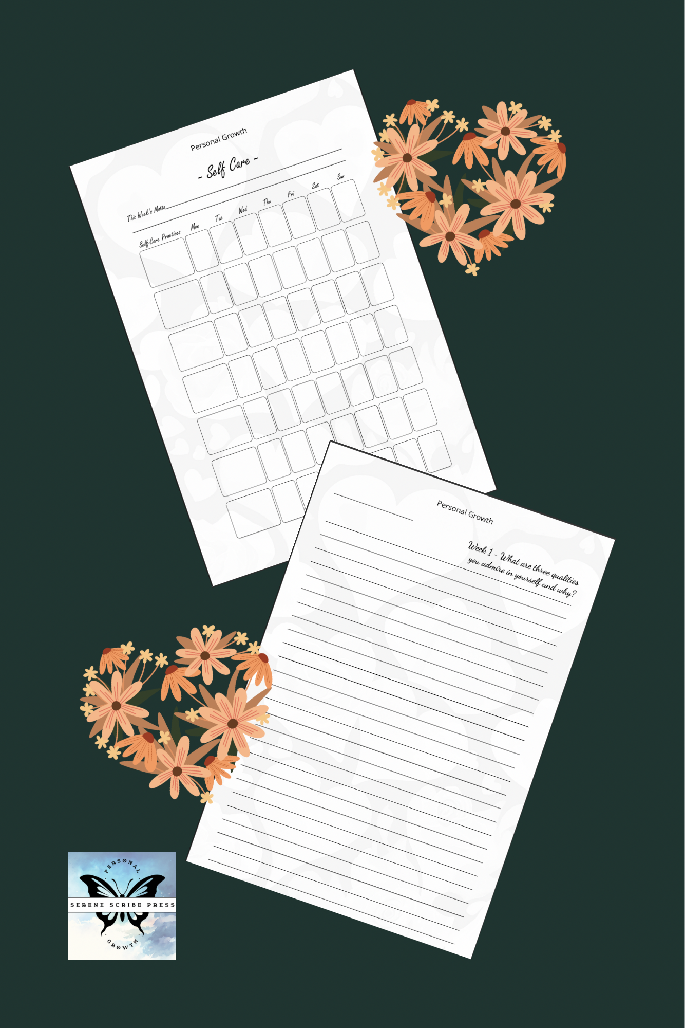 Two sheets of paper with printed text and a heart-shaped arrangement of flowers on a dark background.