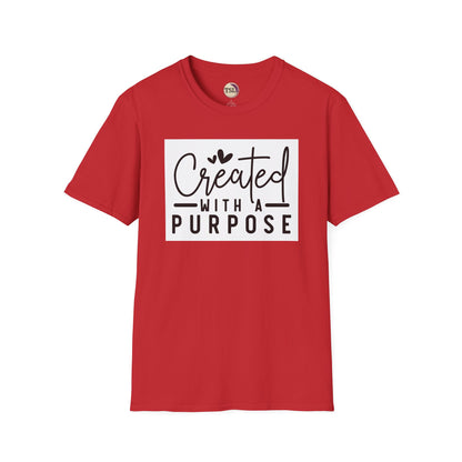 Red t-shirt with 'Created with a Purpose' text on a white background