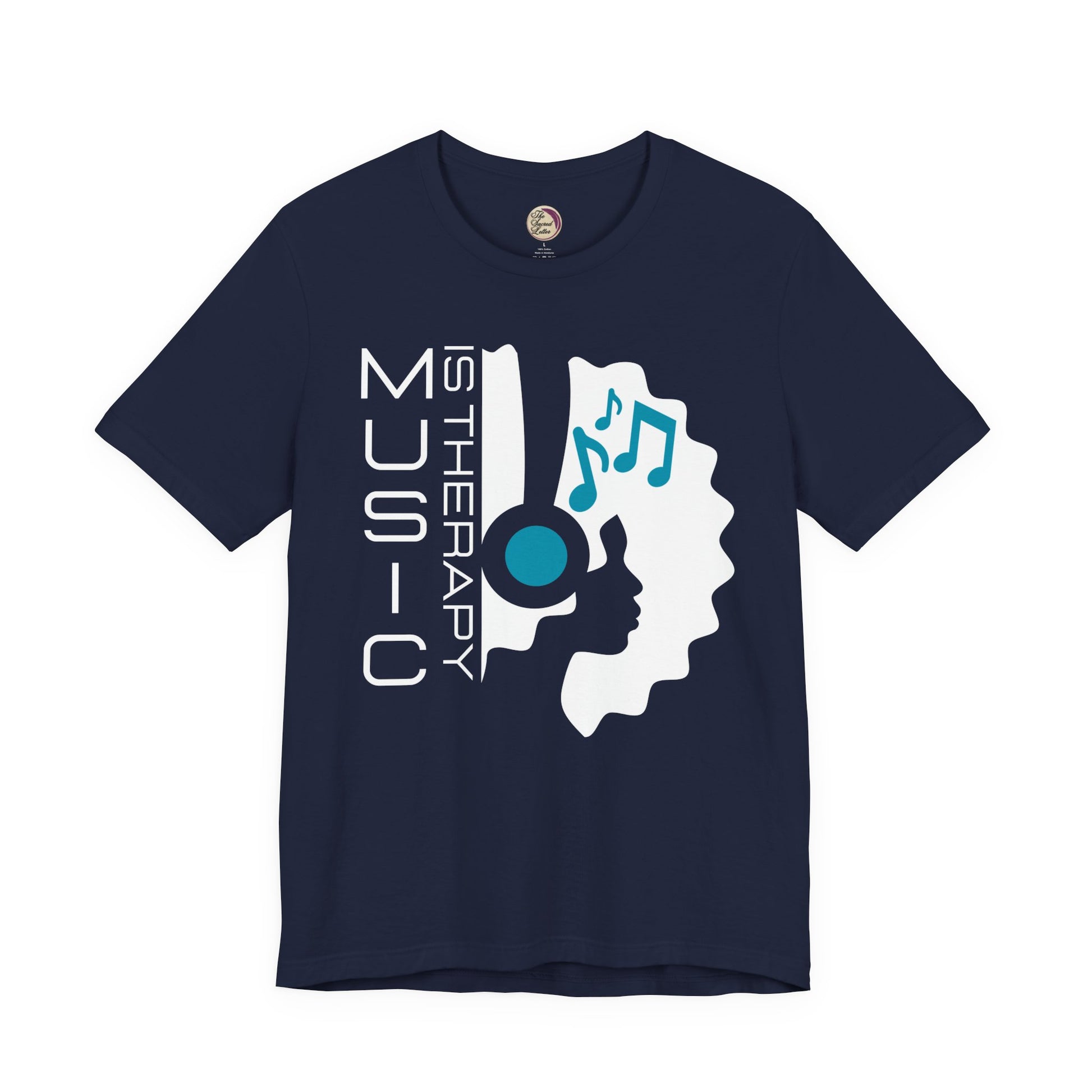Navy blue t-shirt with music-themed design on a white background