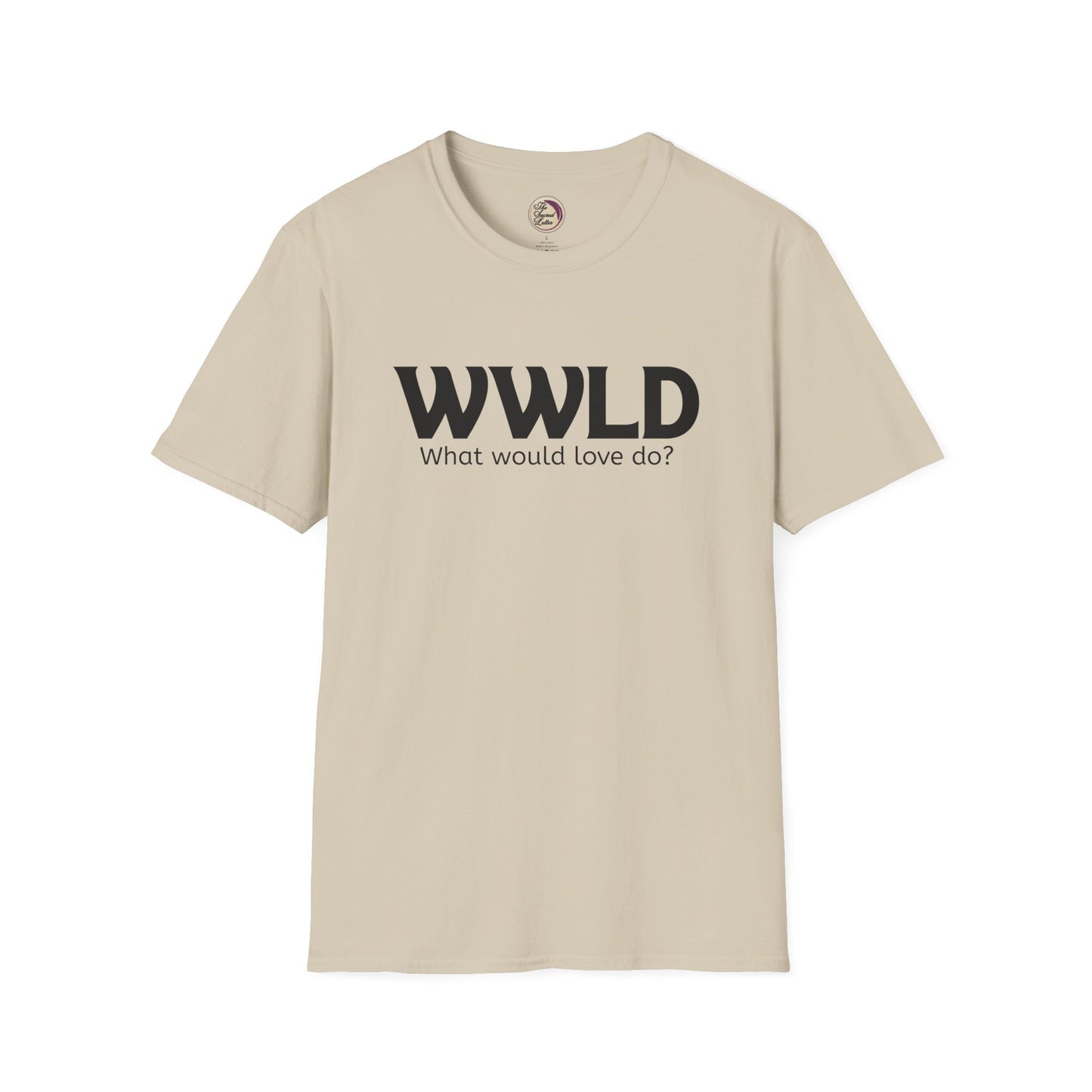 Beige t-shirt with 'WWLD What would love do?' text on a white background