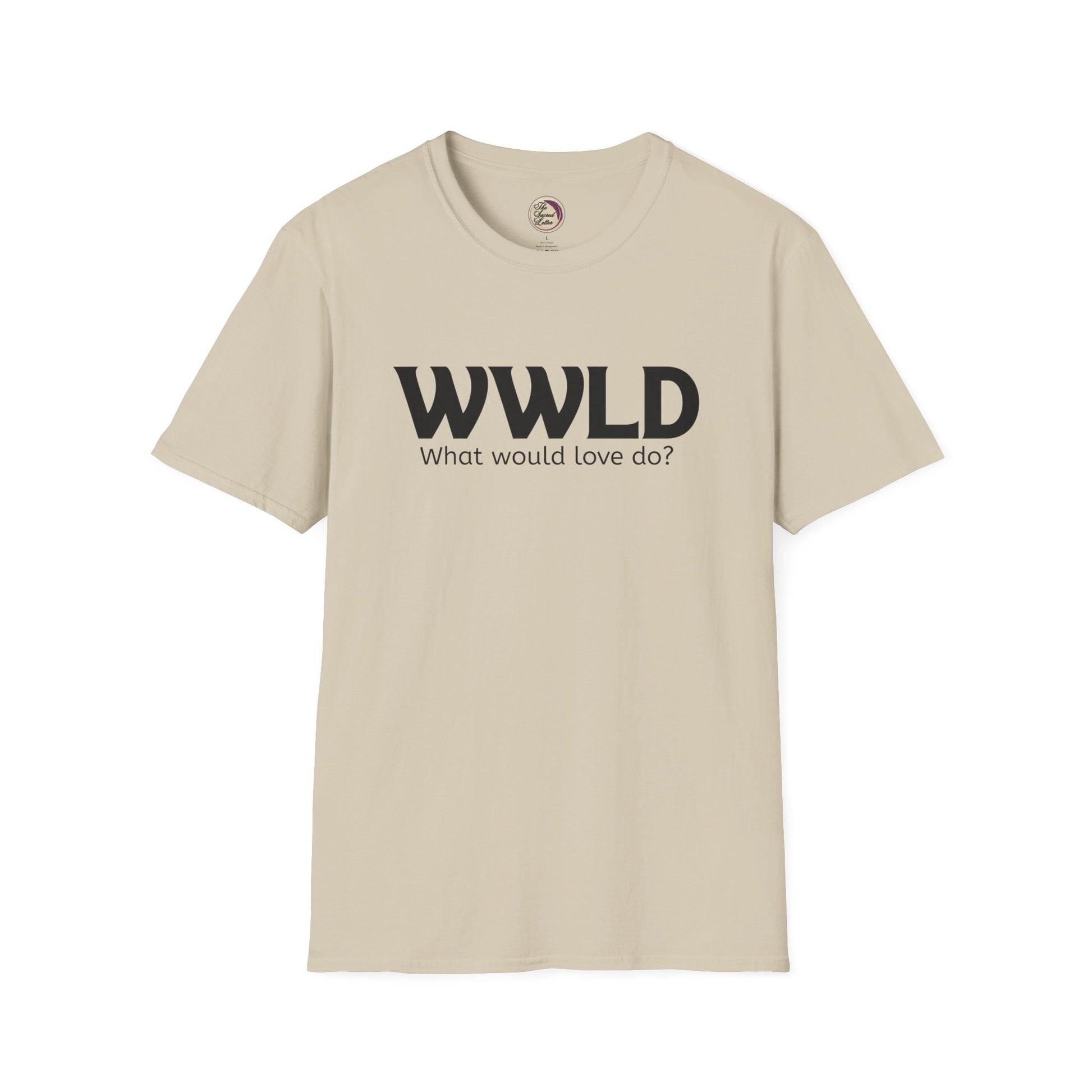 Beige t-shirt with 'WWLD What would love do?' text on a white background