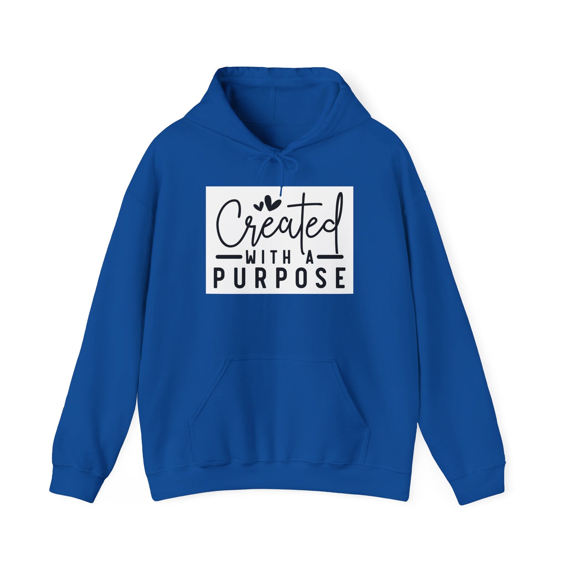 Blue hoodie with 'Created with a Purpose' text on a white background