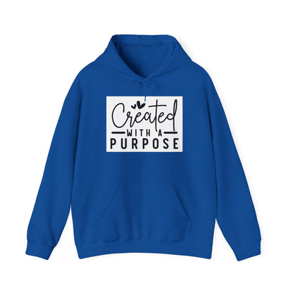 Blue hoodie with 'Created with a Purpose' text on a white background