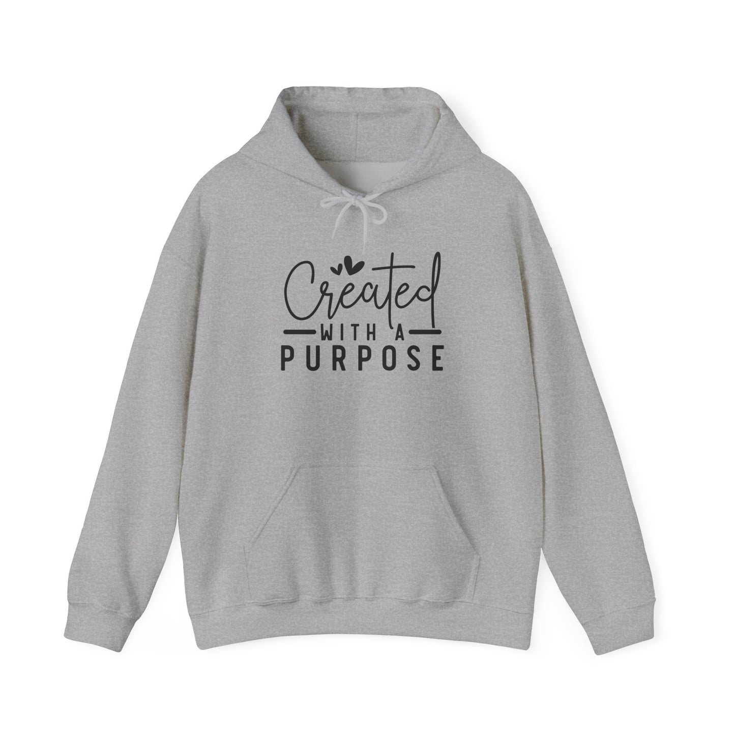 Gray hoodie with 'Created with a Purpose' text on a white background