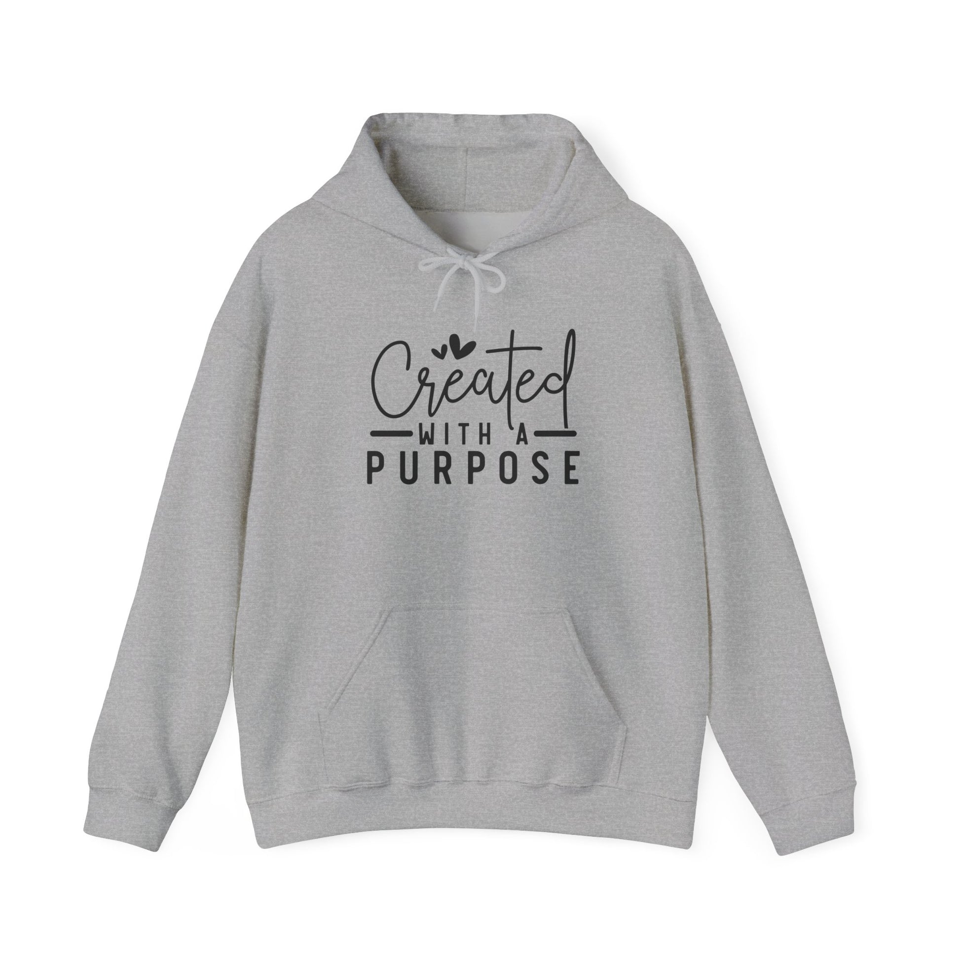 Gray hoodie with 'Created with a Purpose' text on a white background