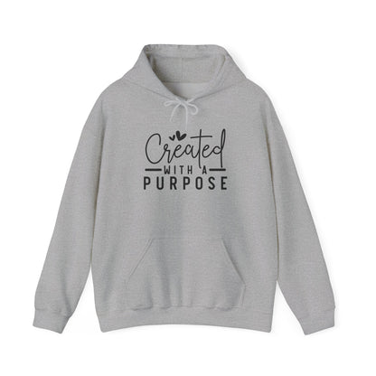 Gray hoodie with 'Created with a Purpose' text on a white background