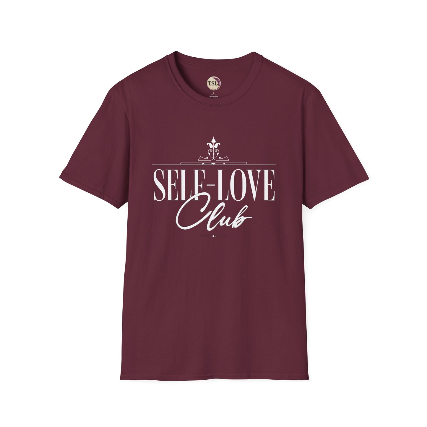 Maroon t-shirt with 'SELF-LOVE Club' text on a white background