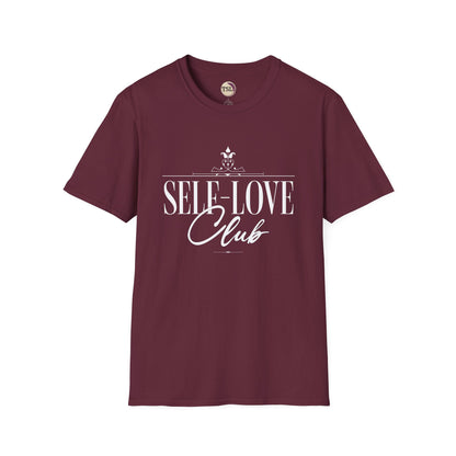 Maroon t-shirt with 'SELF-LOVE Club' text on a white background