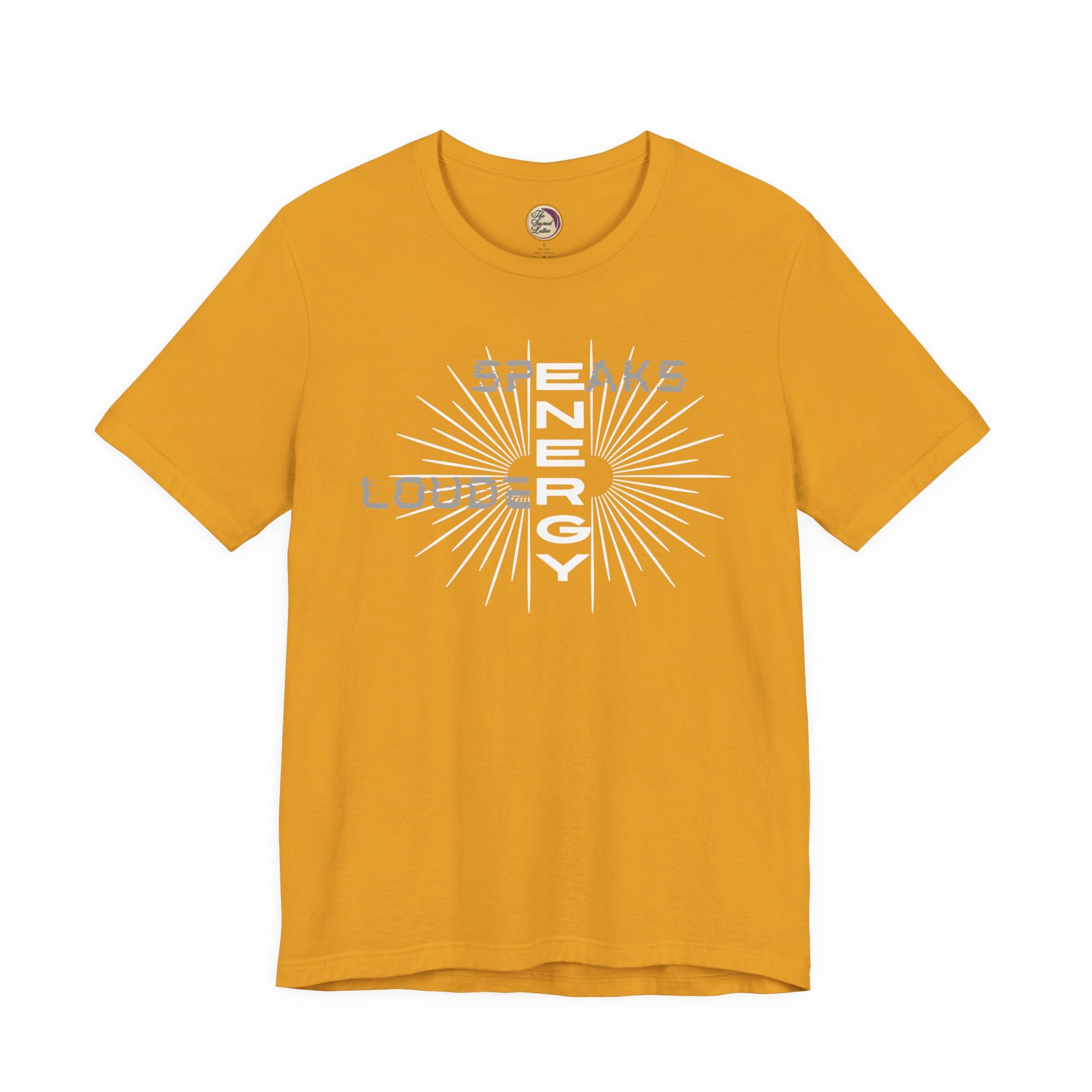 Yellow t-shirt with 'Spends Energy Lounging' text and sunburst design on a white background