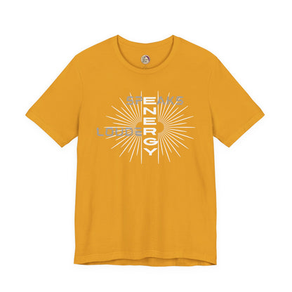 Yellow t-shirt with 'Spends Energy Lounging' text and sunburst design on a white background
