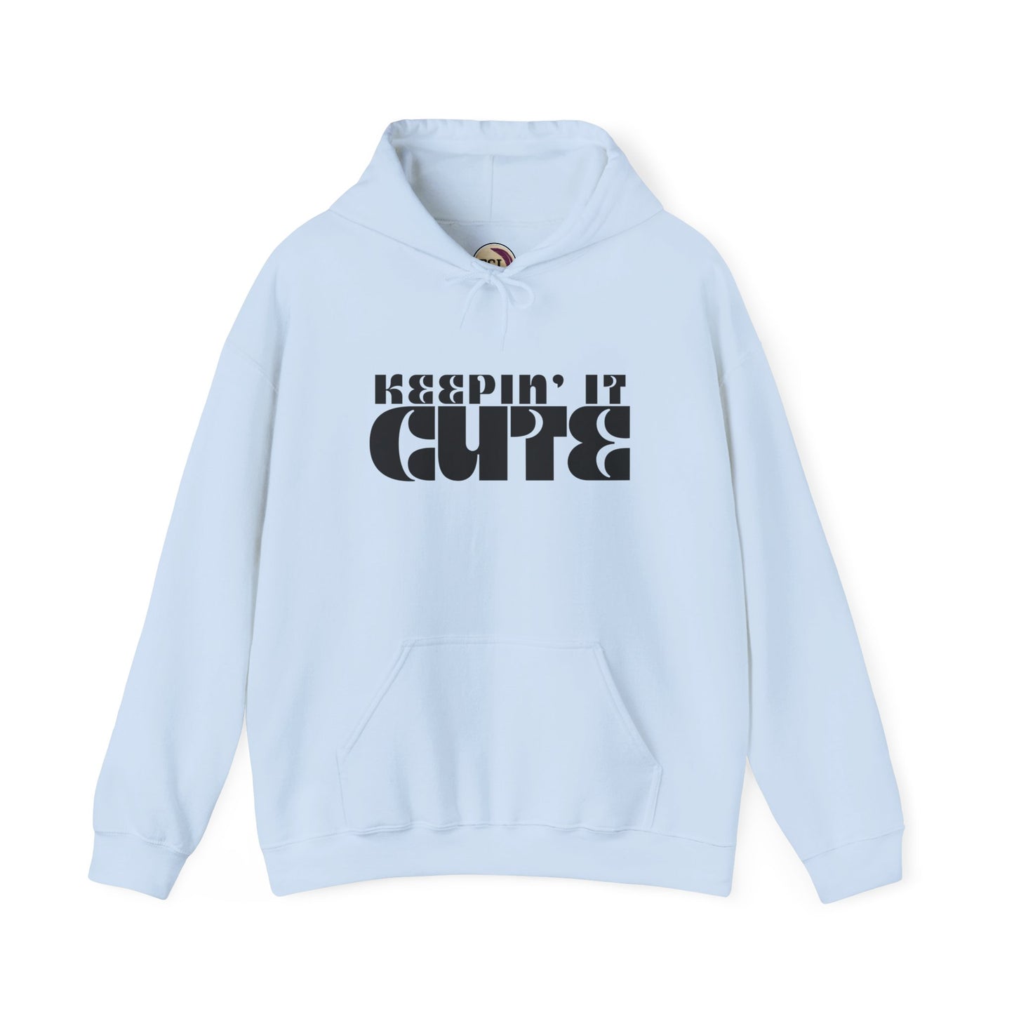 Light blue hoodie with 'KEEPIN' IT CUTE' text on a white background
