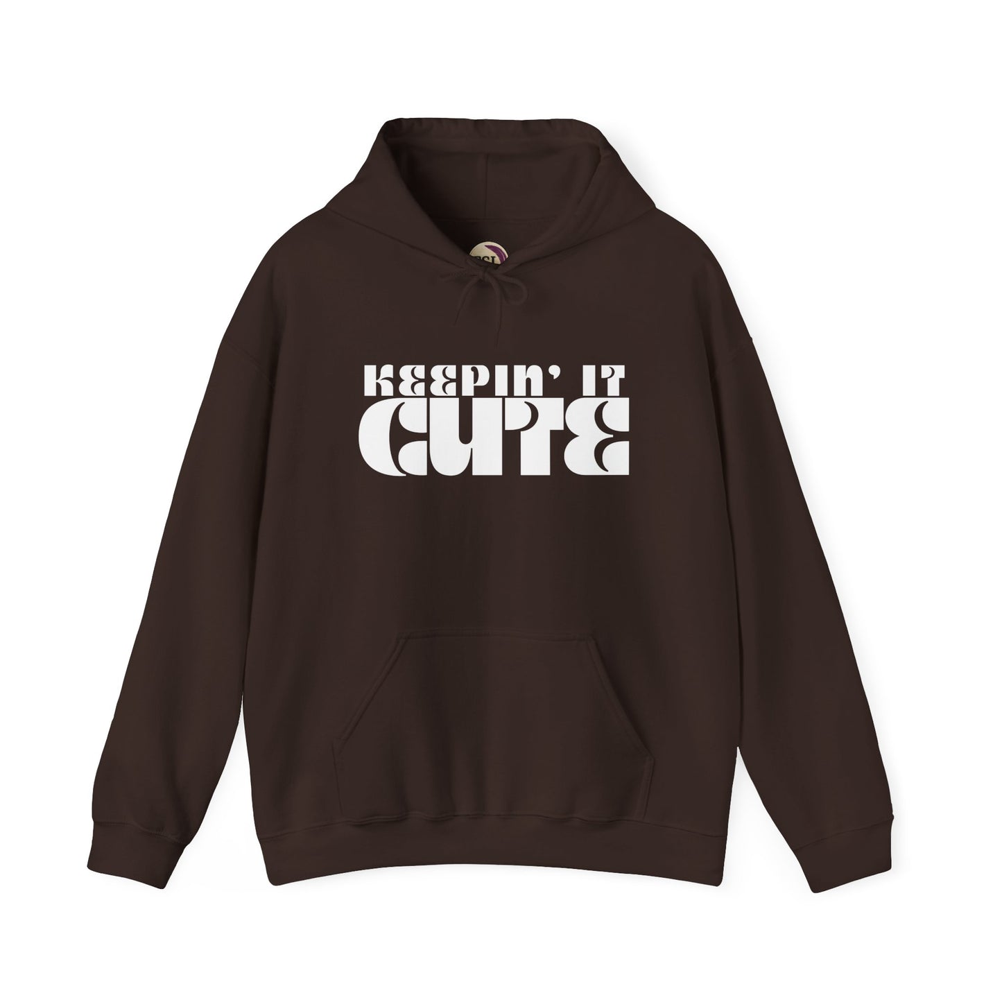 Brown hoodie with 'KEEPIN' IT CUTE' text on a white background