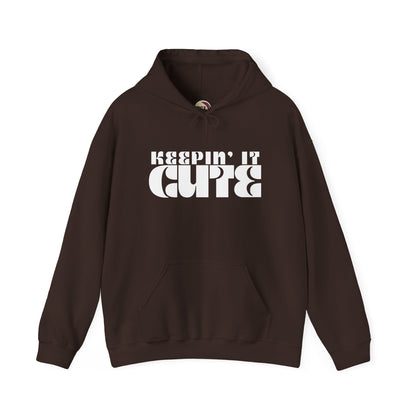 Brown hoodie with 'KEEPIN' IT CUTE' text on a white background