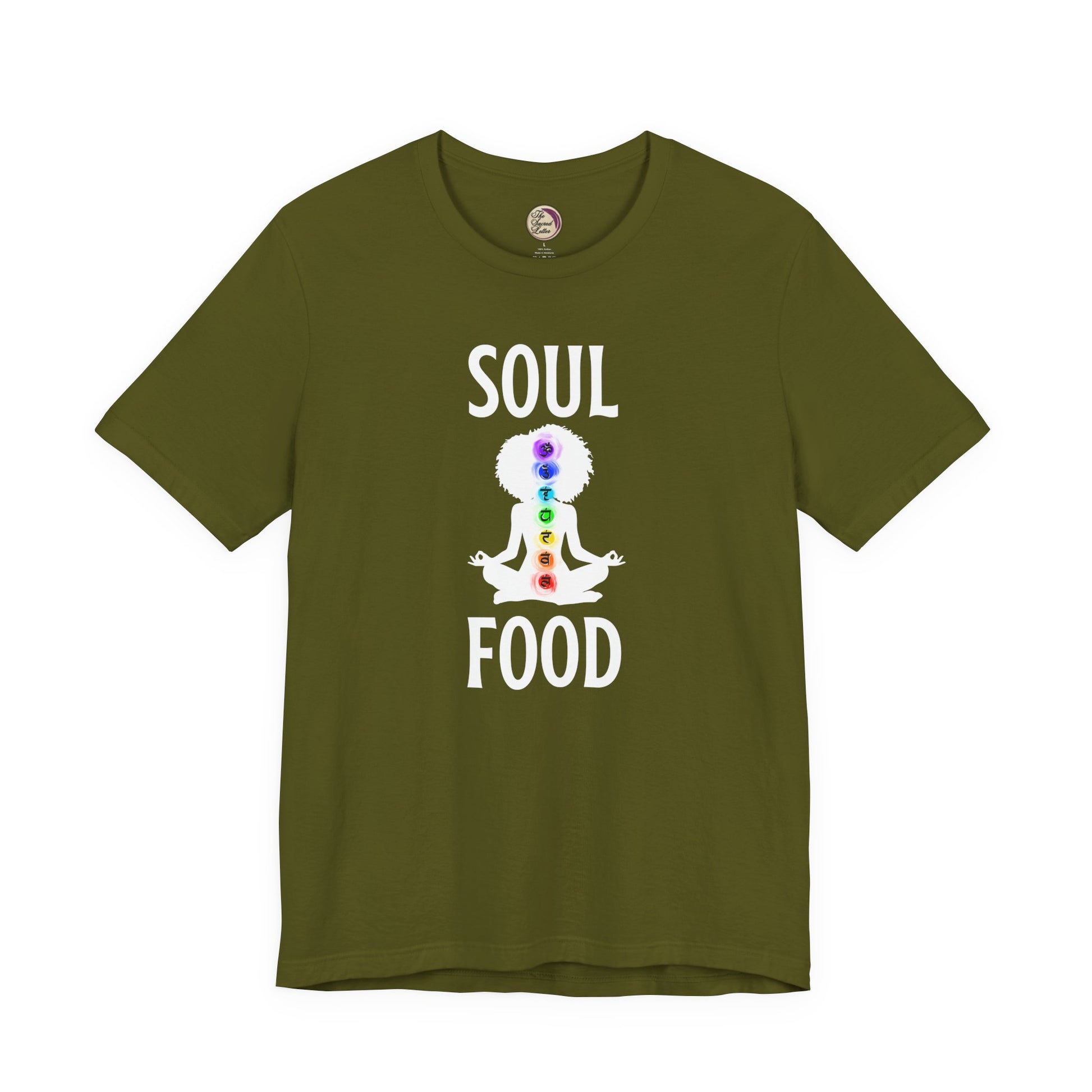 Green t-shirt with 'Soul Food' design featuring a colorful figure on a white background