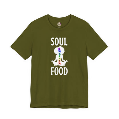 Green t-shirt with 'Soul Food' design featuring a colorful figure on a white background