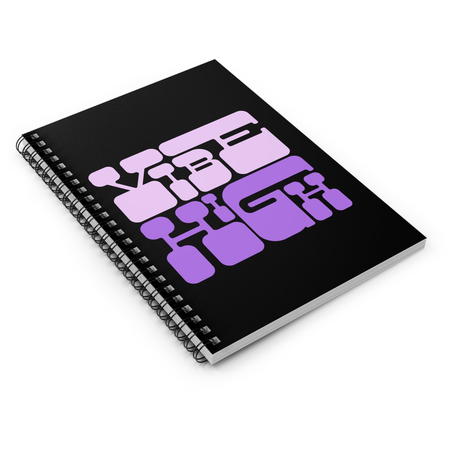 Black spiral-bound notebook with purple text design on a white background